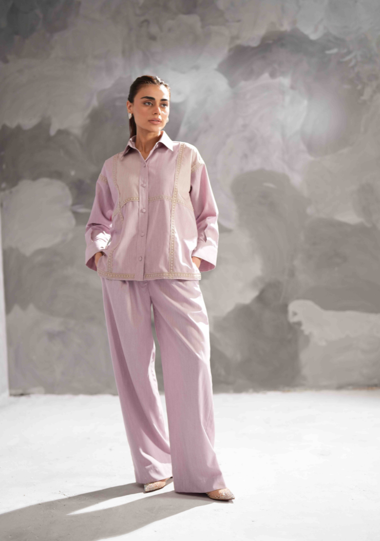 Lavender & Beige Colour Blocked Set W/ Wide Leg Pants