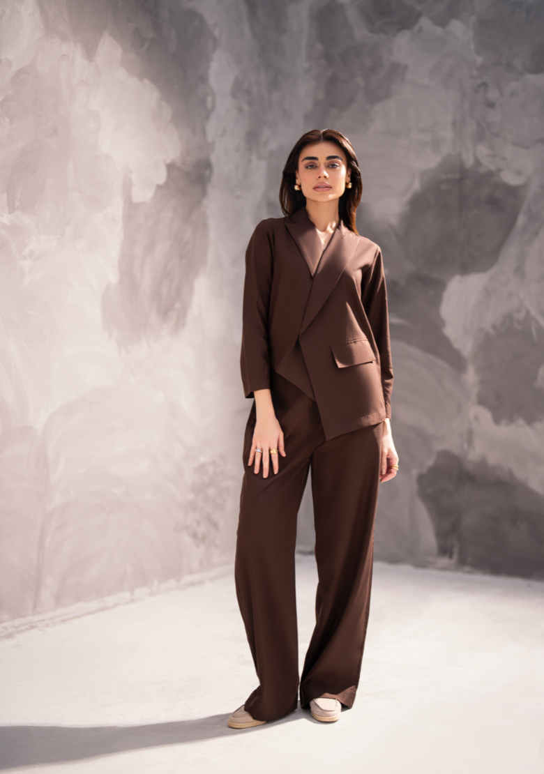 Brown asymmetrical blazer W/ wide leg pants